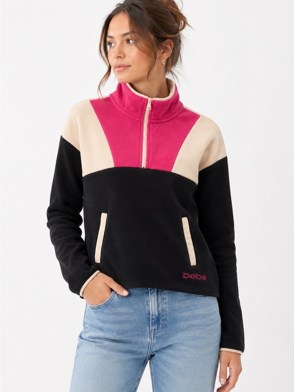 bebe Women's Black, Pink & Cream Colorblock Fleece Half-Zip Jacket